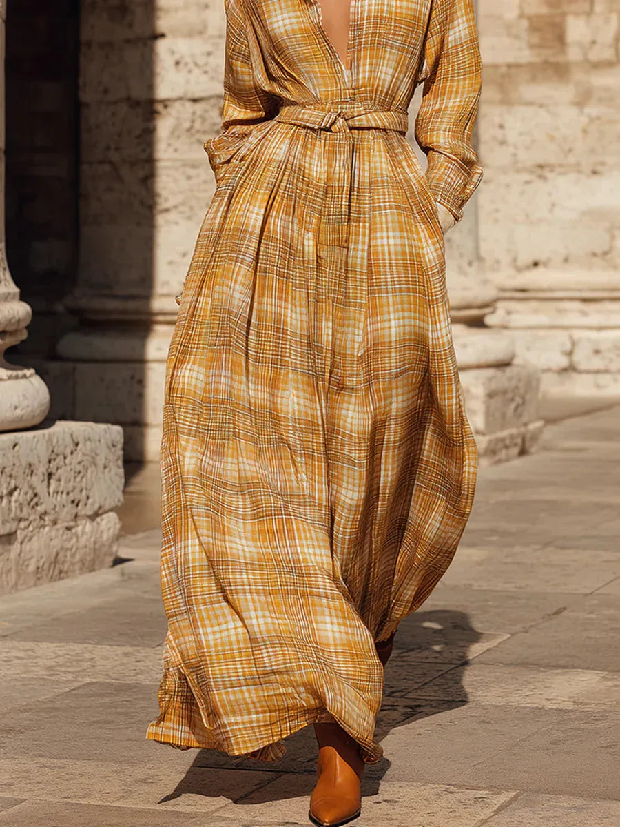 Retro Bohemian Fine Plaid Print Maxi Dress With Belt - NuaVibe