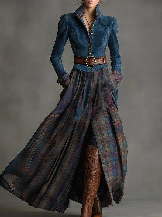 Retro Ethnic Style Blue Faux Suede Plaid Maxi Dress
