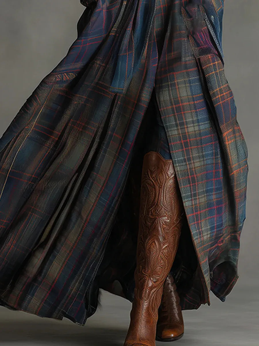 Retro Ethnic Style Blue Faux Suede Plaid Maxi Dress