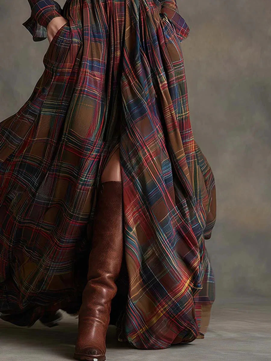 Retro lapel reddish brown plaid maxi dress - NuaVibe