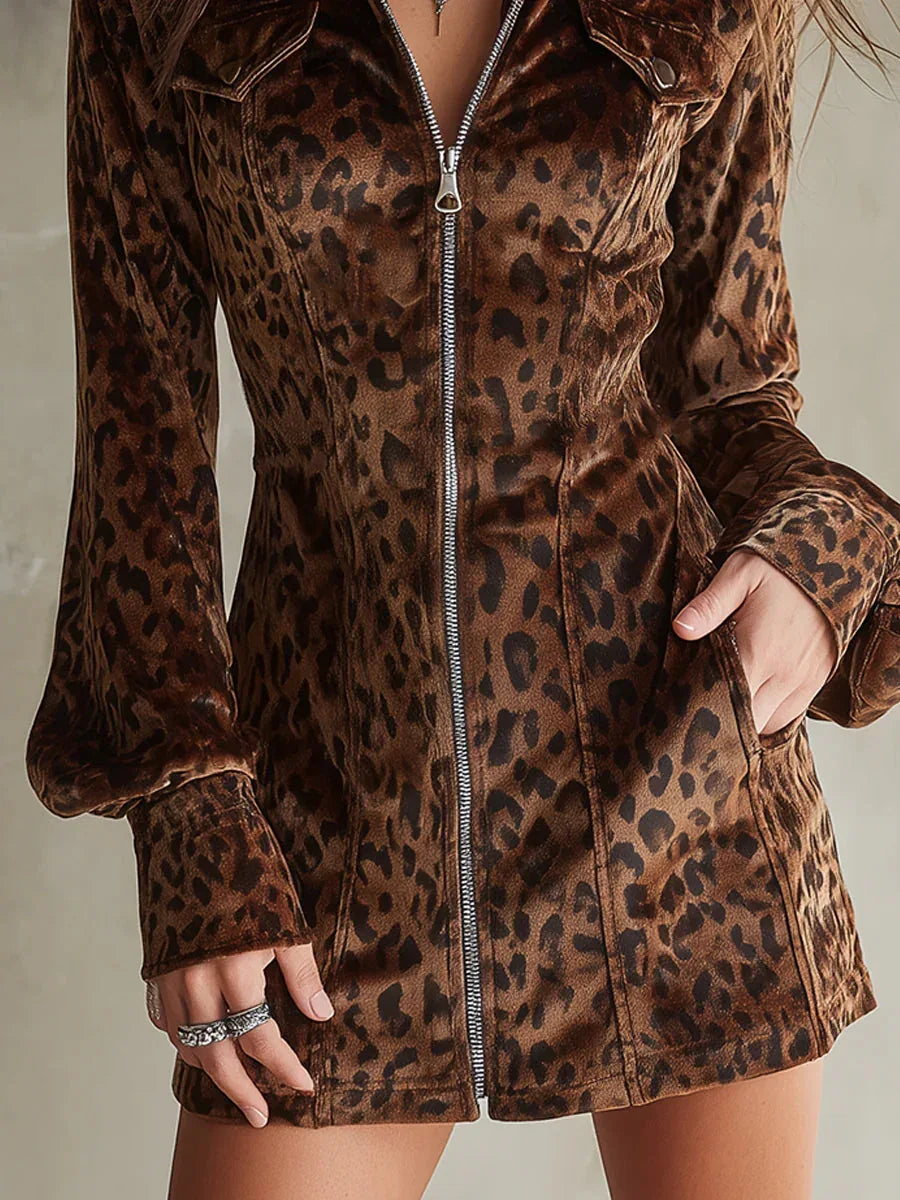 Retro Velvet Leopard Print Lantern Sleeve Mini Dress - NuaVibe