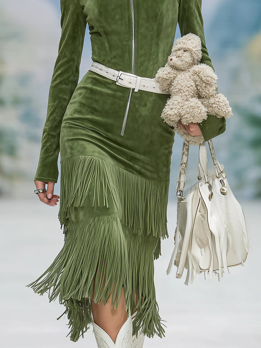 Green faux suede stand-up collar zipper tassel dress(Includes belt)