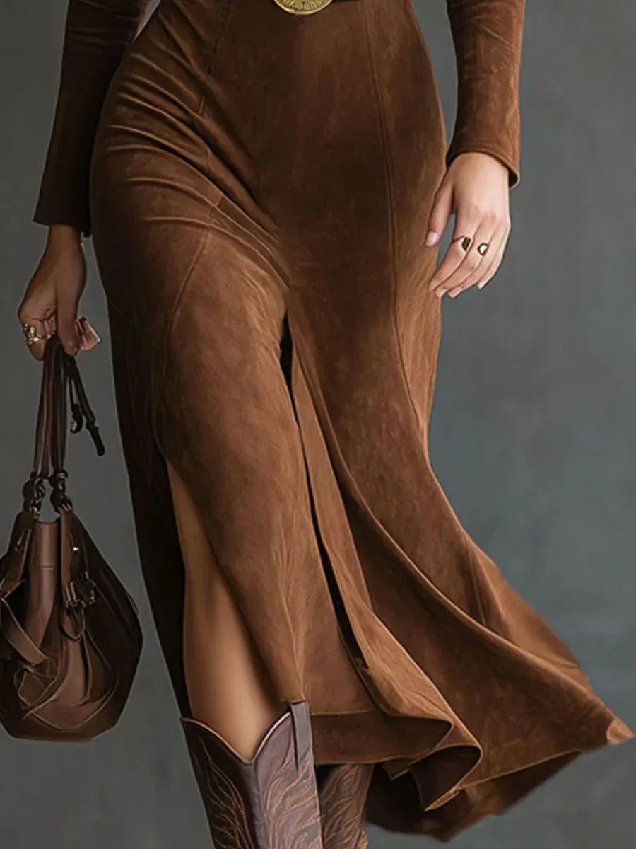 Retro Western Style Lapel Faux Suede Slit Midi Dress - NuaVibe