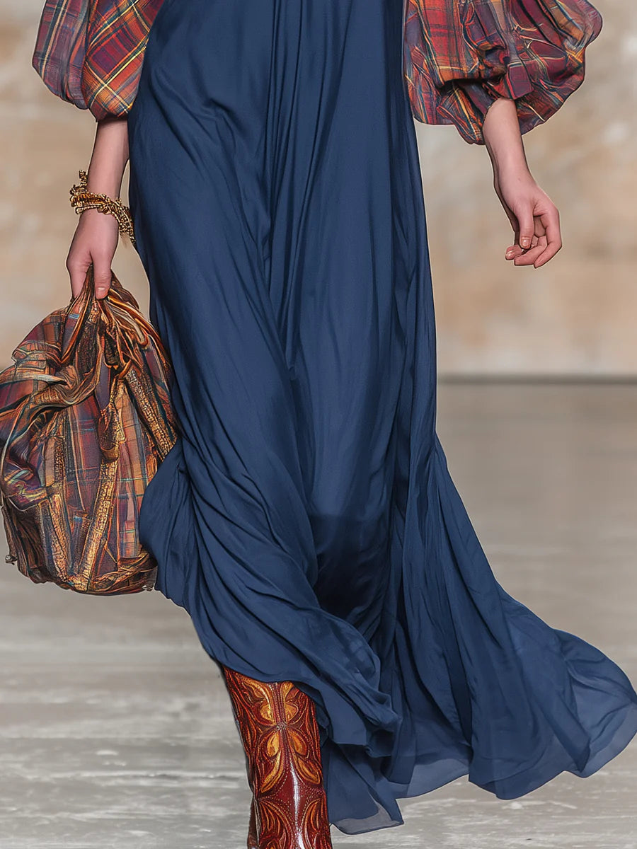 Retro Western style red plaid sleeve patchwork blue maxi dress