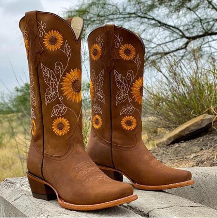 Cowboy Sunflower Embroidered Martin Boots - NuaVibe