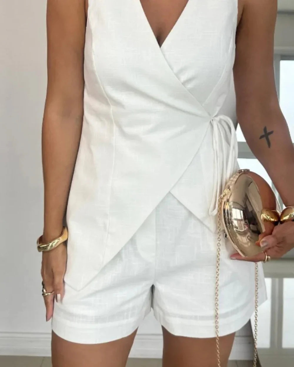 Linen Sleeveless V-neck Top and Loose Shorts Set