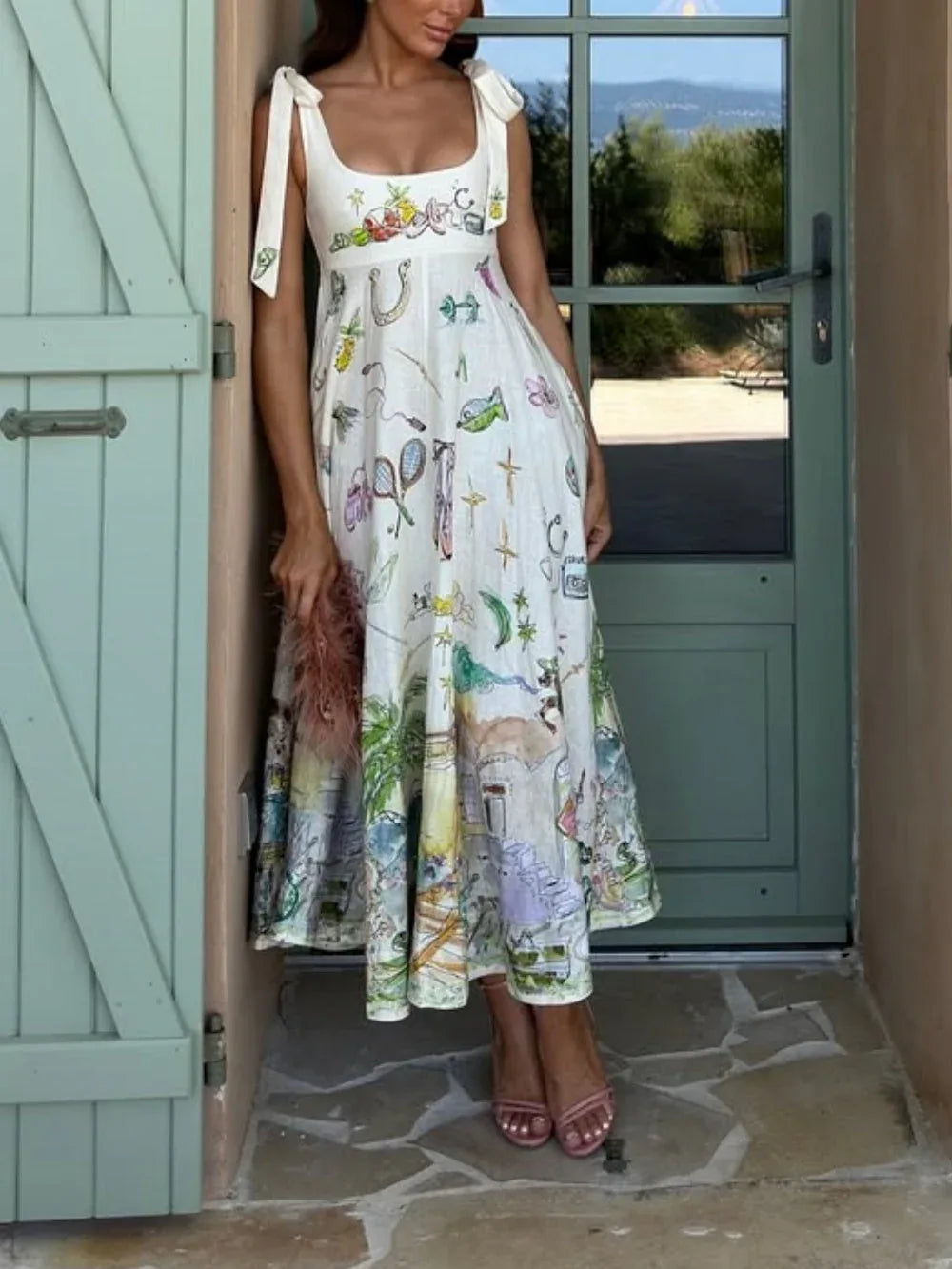 Linen Painted Ballet Tie Midi Dress - NuaVibe