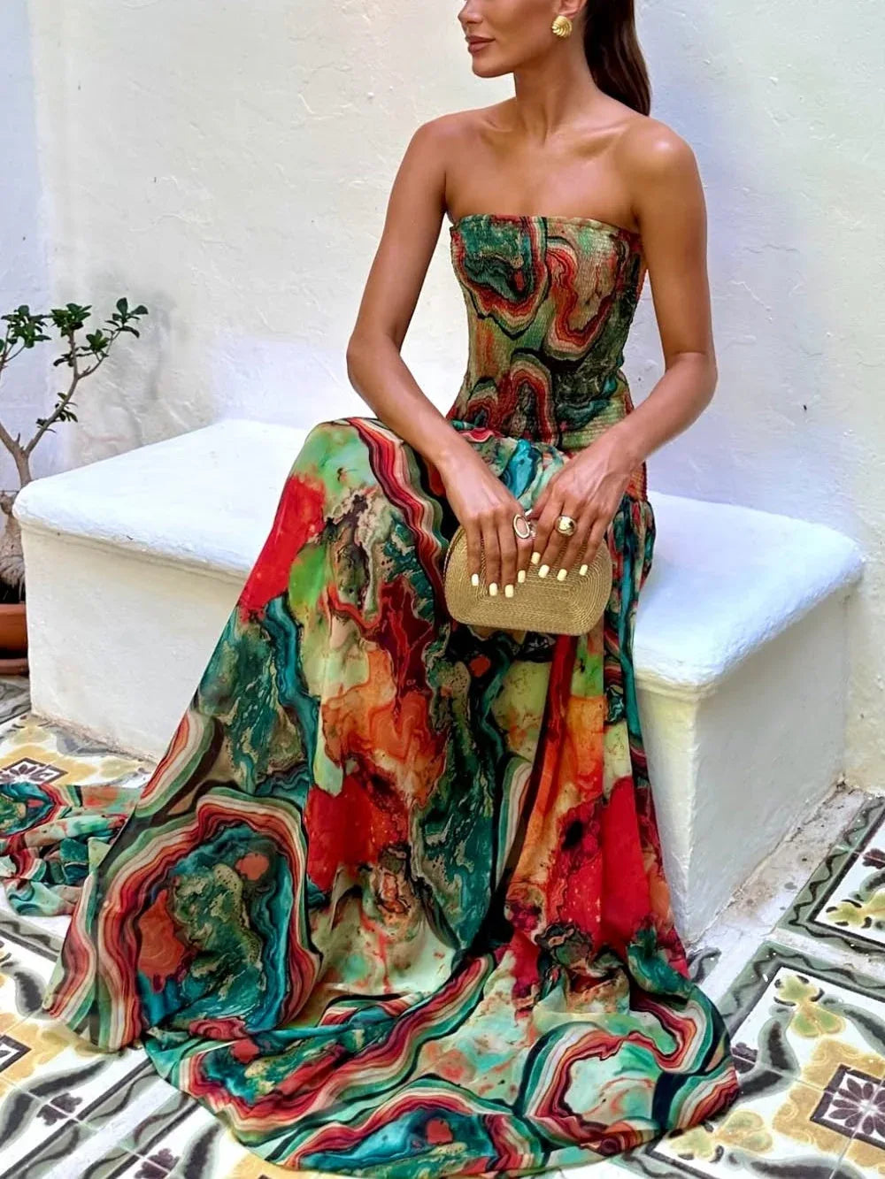 Colorful lava print off-the-shoulder pleated dress - NuaVibe