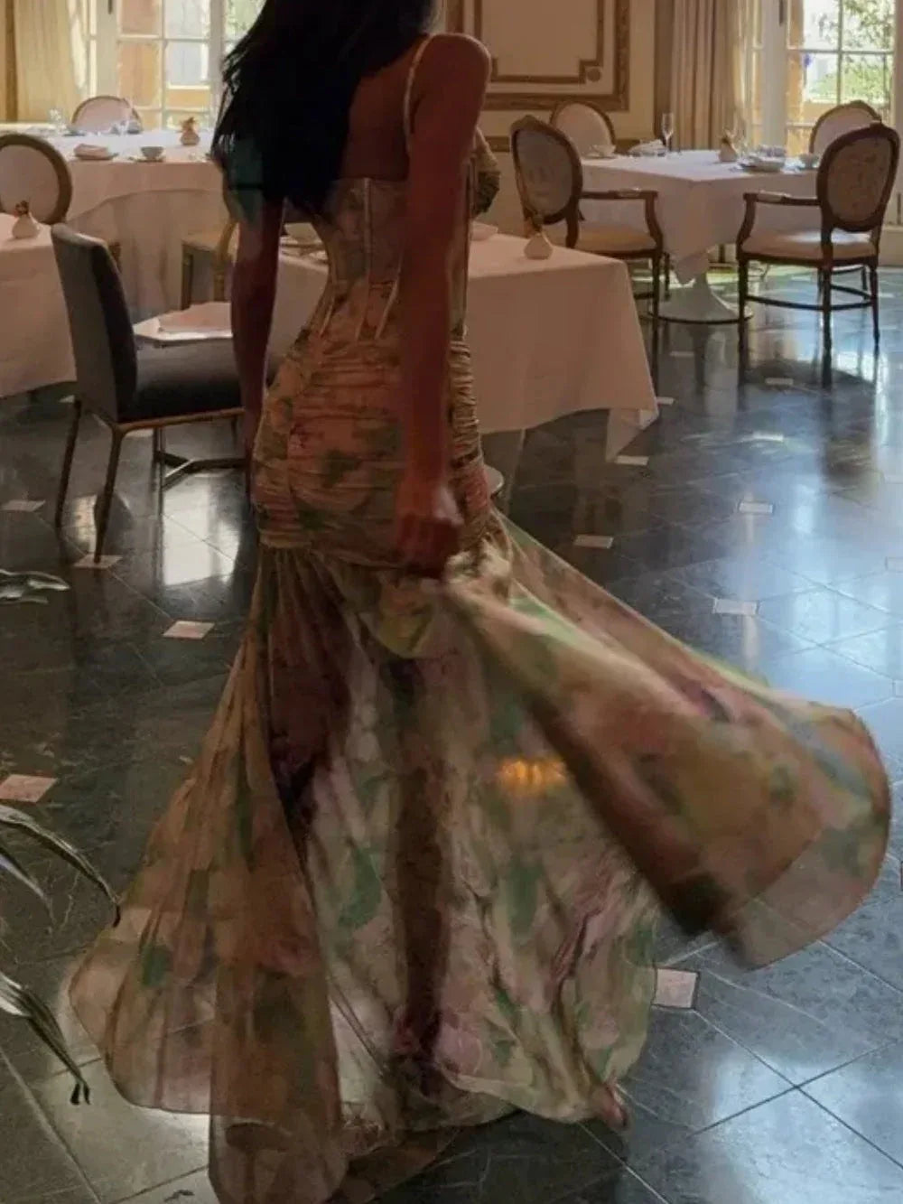 Green Floral Dress Ruffled Asymmetric Bodycon Gown - NuaVibe