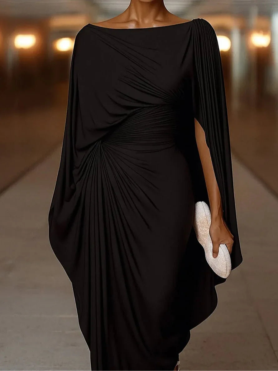 Pleated irregular drape slim-fit maxi dress - NuaVibe
