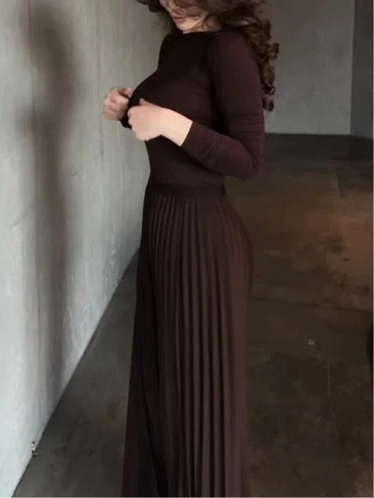 Brown long-sleeved top and pleated skirt set - NuaVibe