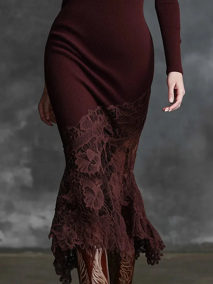 Elegant High-neck Lace Hem Burgundy Maxi Dress - NuaVibe