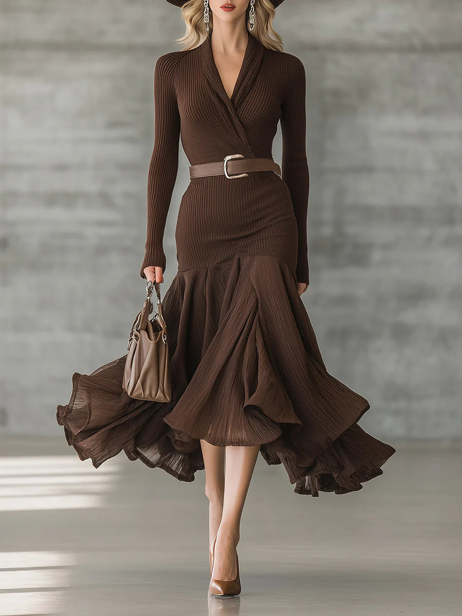 Simple V-neck Hem Stitching Crinkled Midi Dress