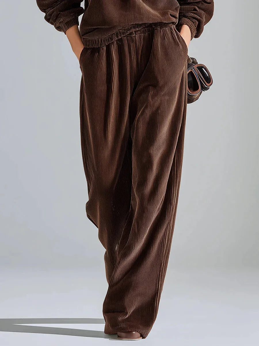 Casual solid color corduroy sweatshirt and wide-leg pants set - NuaVibe