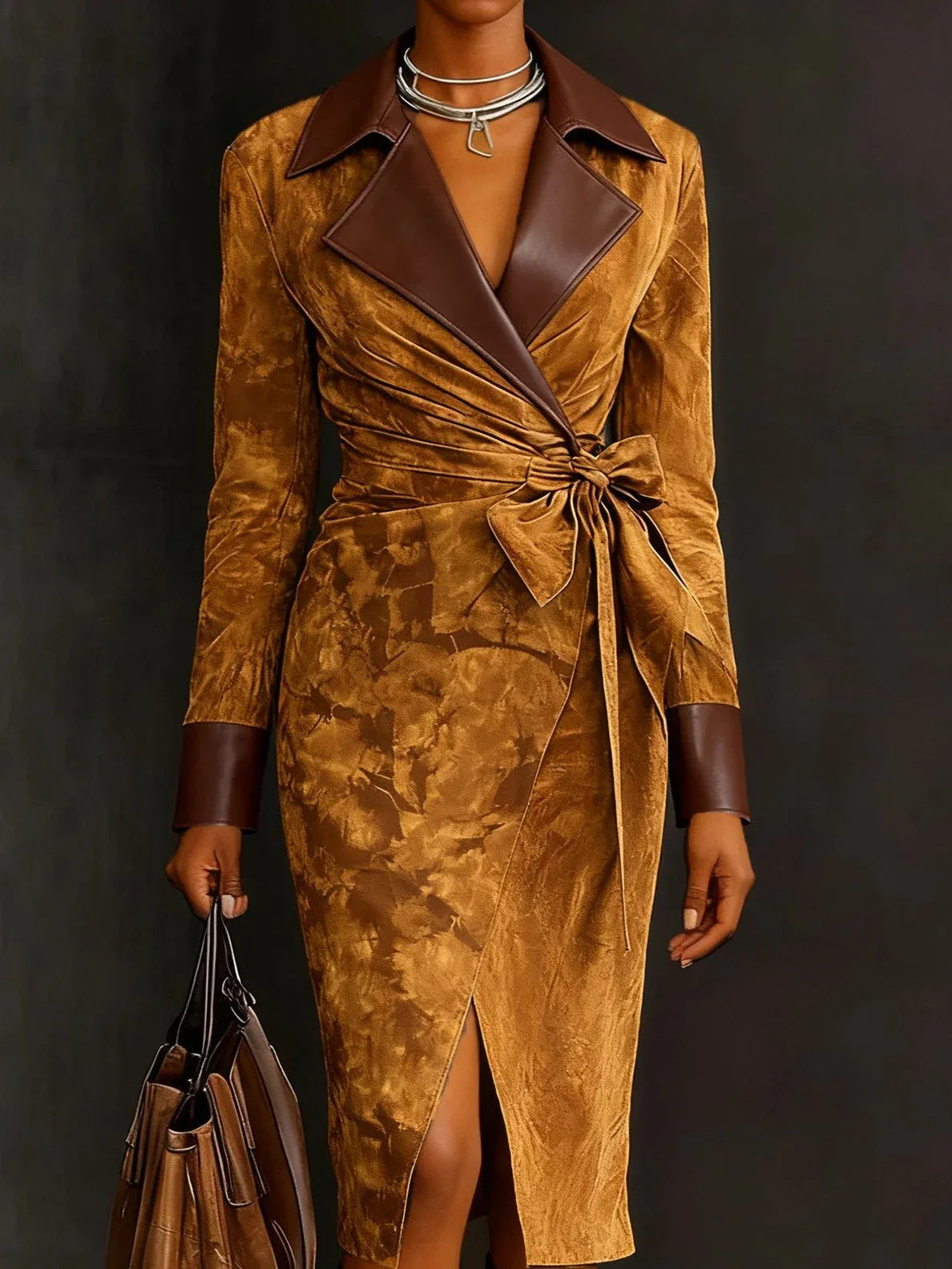 Suede patchwork color-blocked faux leather coat with lapel (including belt) - NuaVibe