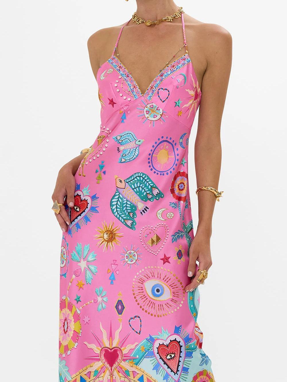 Satin printed open back midi dress - NuaVibe