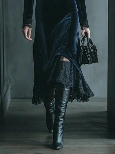 V-neck long-sleeved lace-trimmed velvet midi dress - NuaVibe