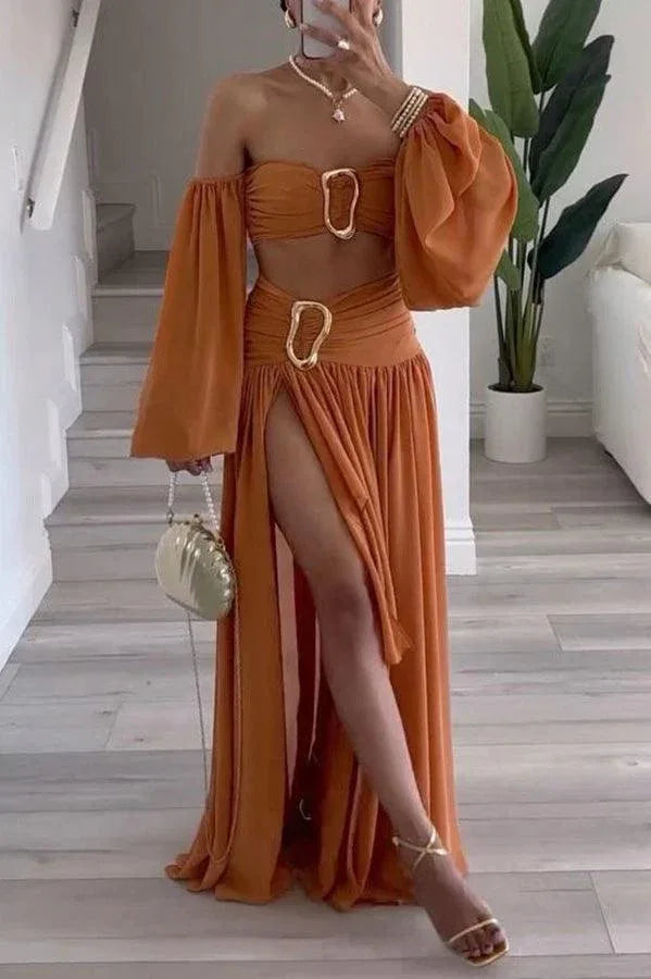 Chiffon high waist flowy asymmetric draped maxi skirt set - NuaVibe