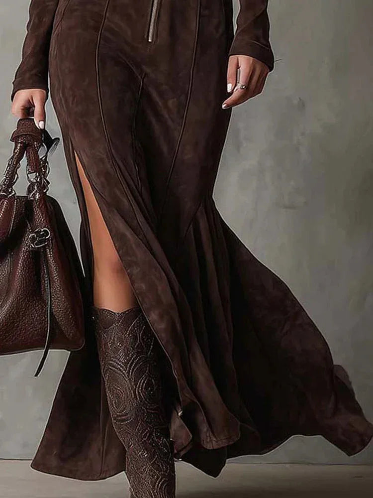 Vintage Brown Zipper Belted Maxi Dress - NuaVibe