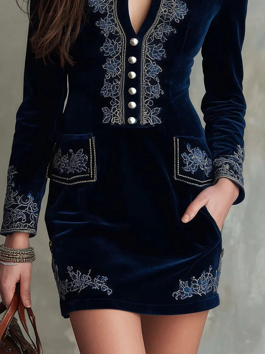 Vintage Embroidered Fitted Velvet Mini Dress - NuaVibe