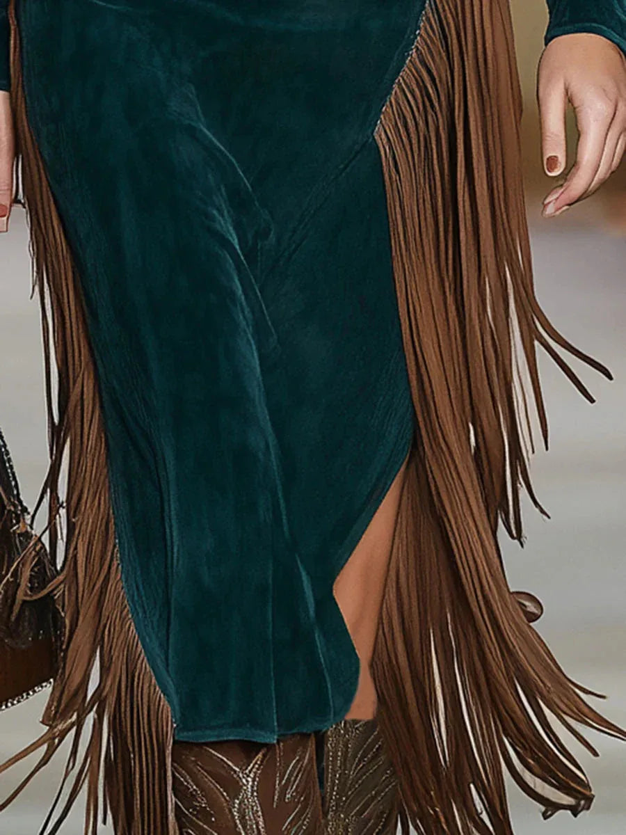 Western Green Faux Suede One-Shoulder Tassel Dress - NuaVibe