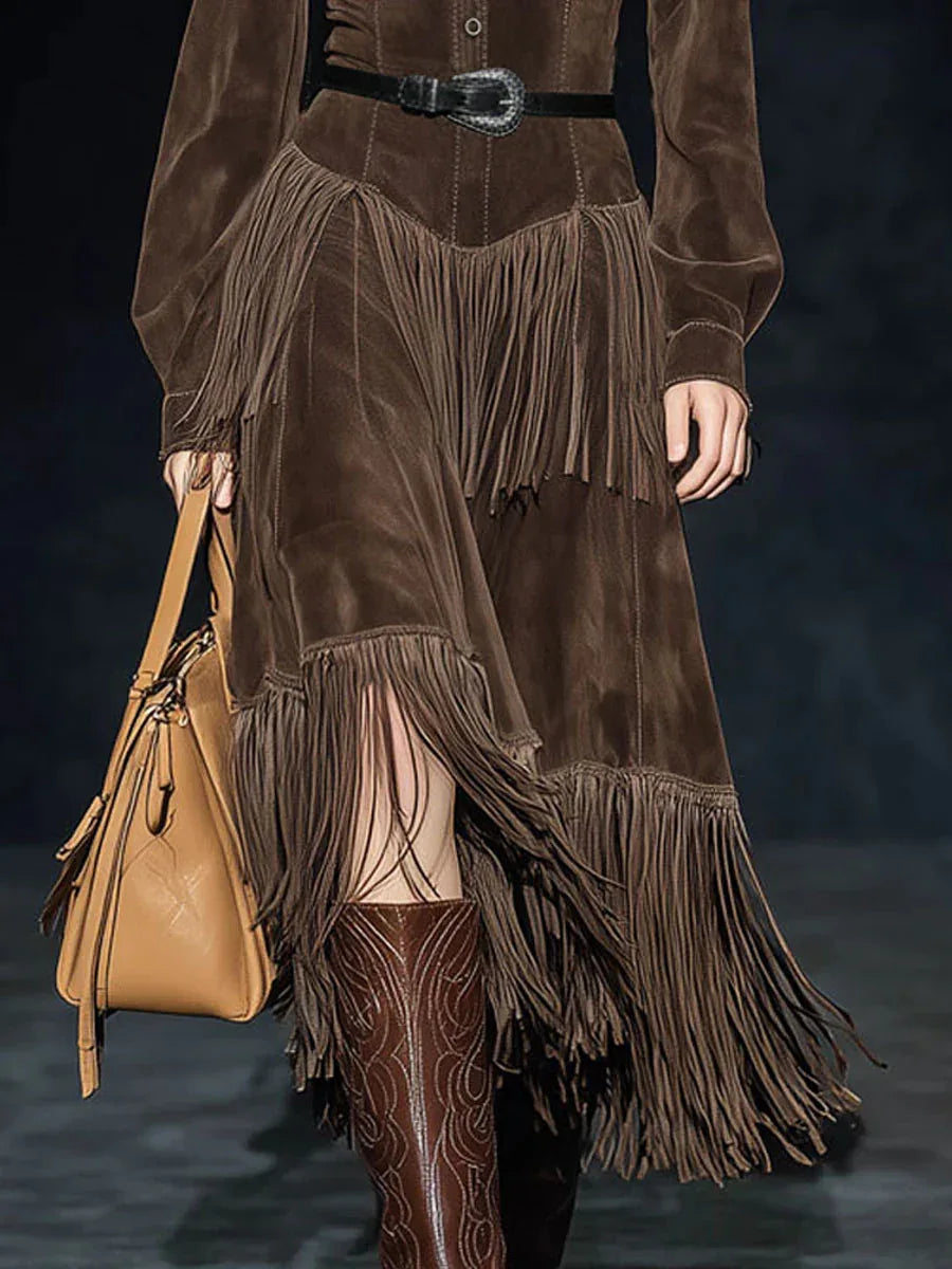 Retro Dark Brown Faux Suede Two-Layer Tassel Long-Sleeved Midi Dress(Includes belt) - NuaVibe