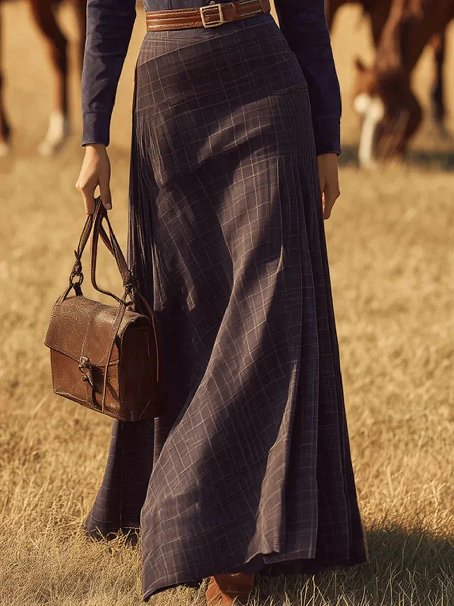 Western retro plaid patchwork navy blue faux suede maxi skirt (with belt) - NuaVibe
