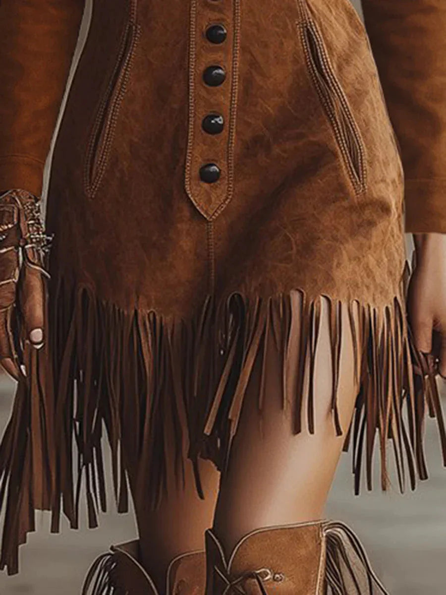 Western Style Tassel Brown Faux Suede Long Seleve Mini Dress - NuaVibe