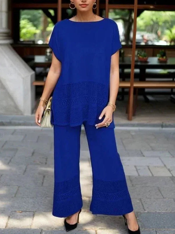 Hollow Crew Neck Short-sleeved Top and Wide-leg Pants Set - NuaVibe