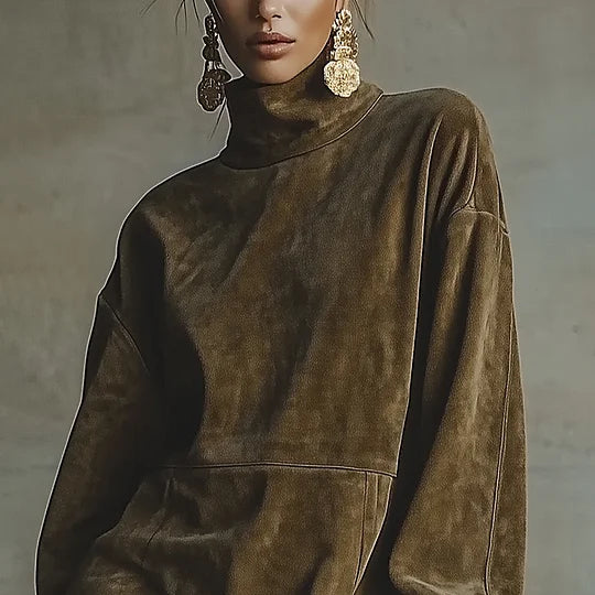 Western Retro Suede Loose Casual Stand Collar Dress