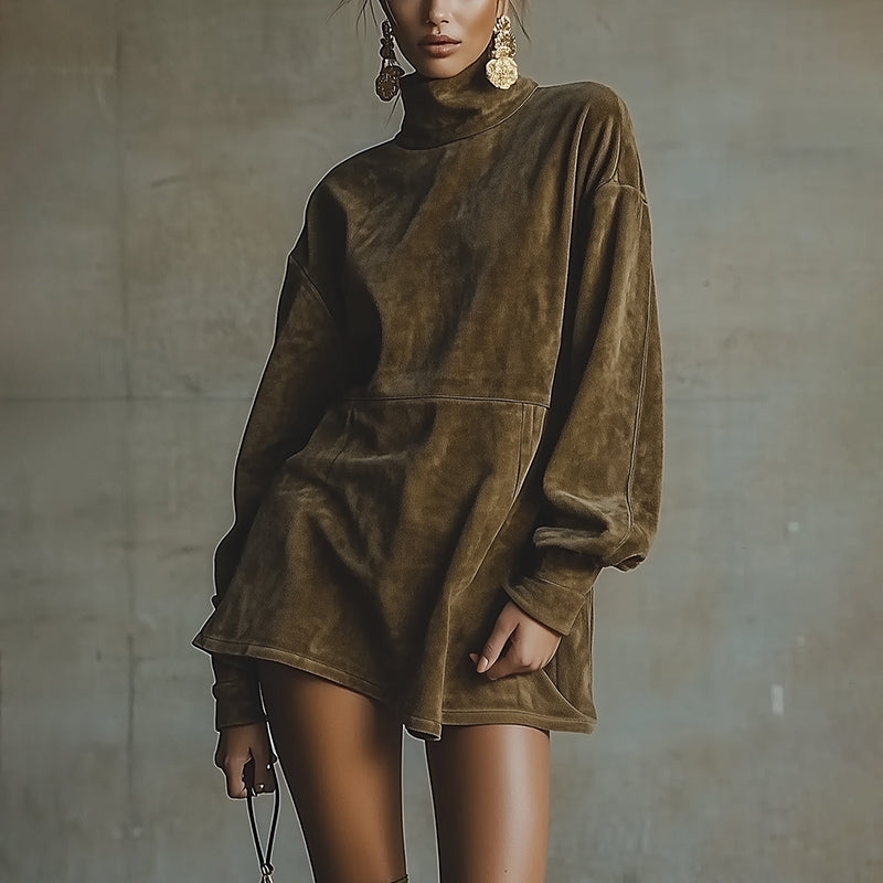 Western Retro Suede Loose Casual Stand Collar Dress