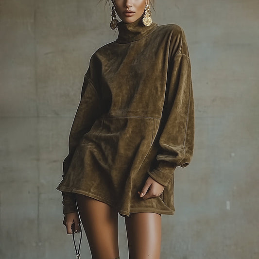 Western Retro Suede Loose Casual Stand Collar Dress