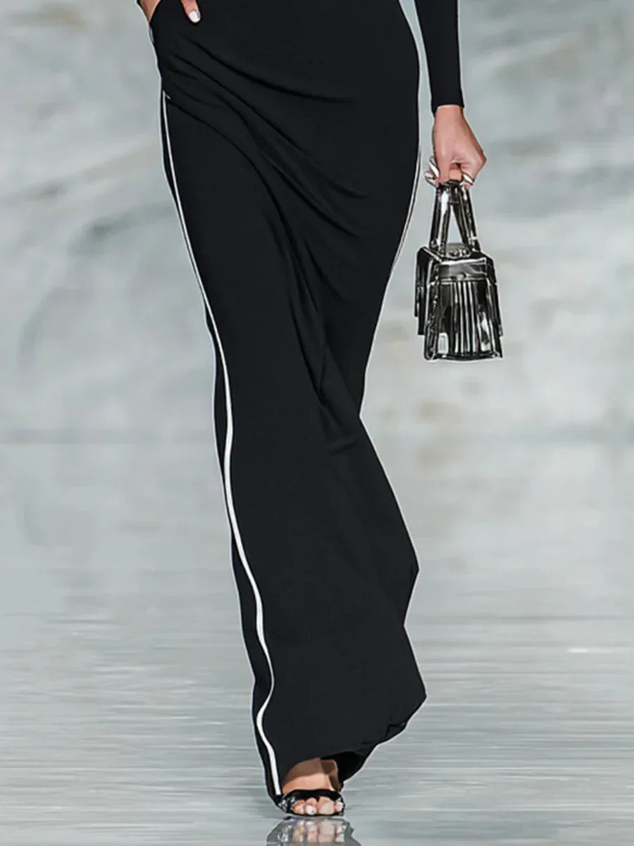 Black And White Trim Square Neck Long Sleeve Tight Maxi Dress - NuaVibe