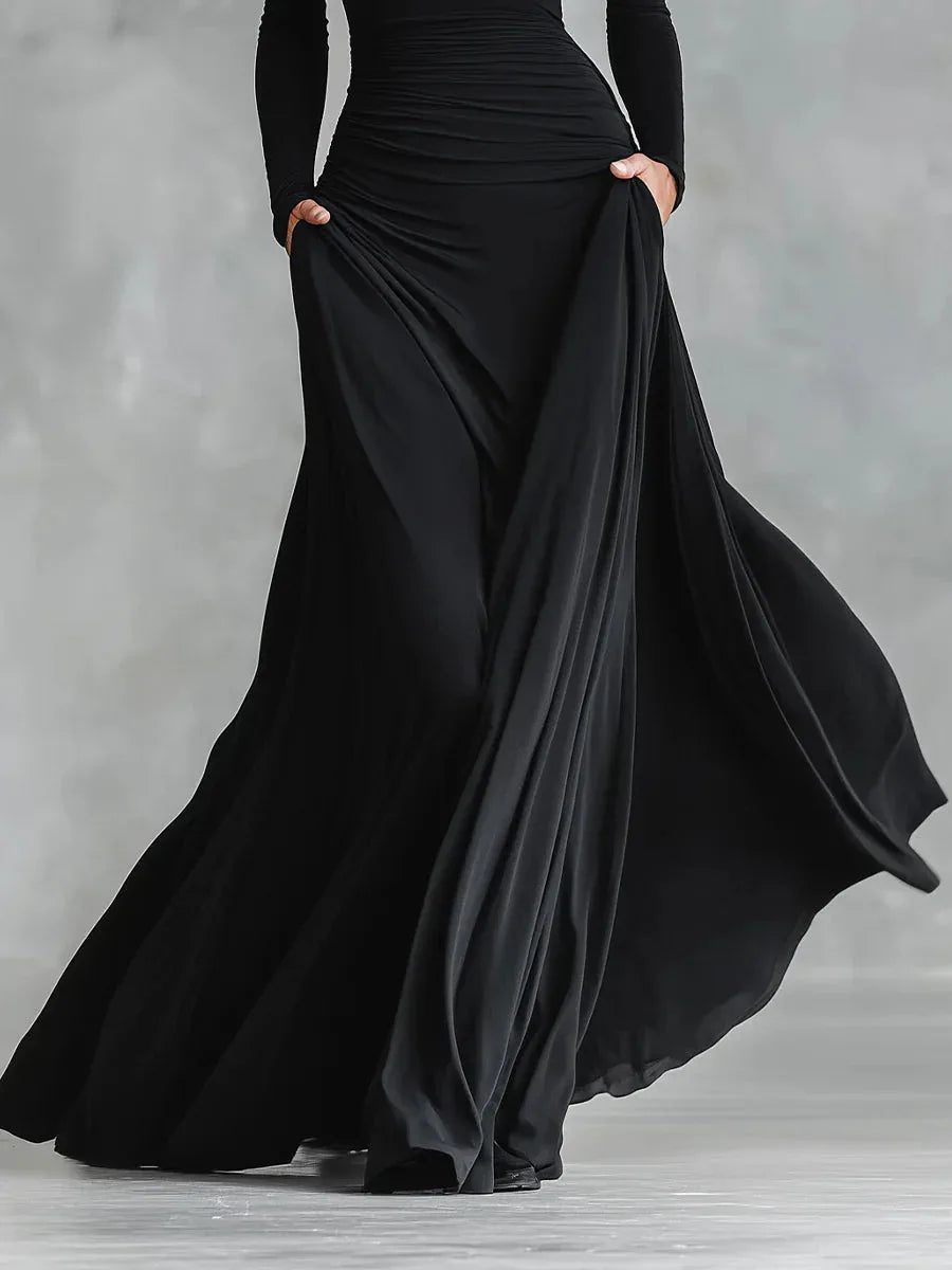 Black modern crepe pleated boat neck long dress - NuaVibe