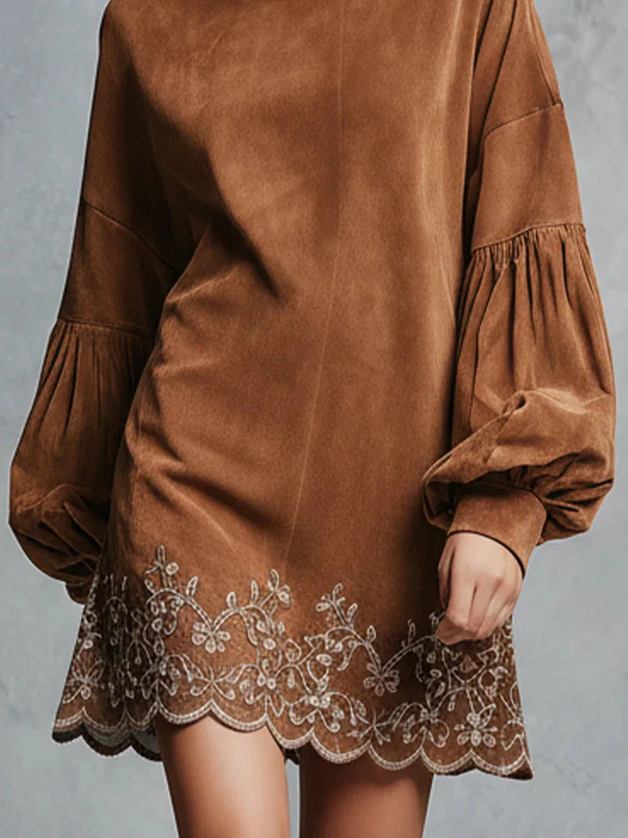 Brown Faux Suede Embroidered Trim Lantern Sleeve Mini Dress - NuaVibe