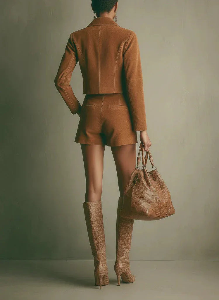 Faux Suede Cropped Jacket And High-Waisted Shorts Set - NuaVibe