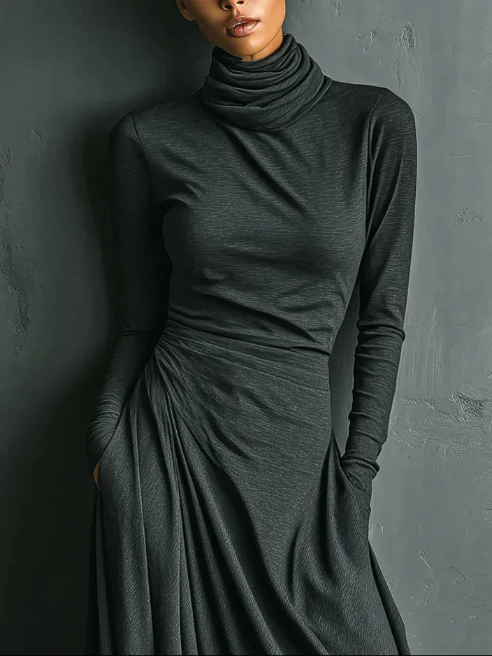 Elegant Stretch Polyester-Cotton Blend Turtleneck Draped Maxi Dress - NuaVibe