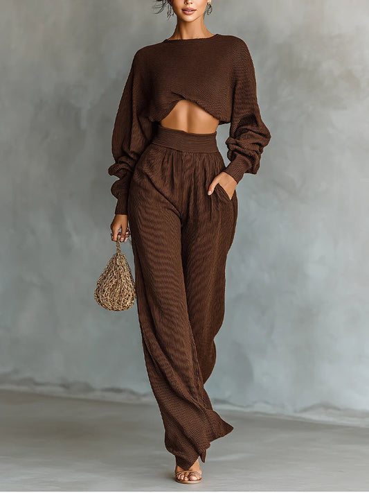 Coffee-colored Short Top And Wide-leg Pants Knitted Set