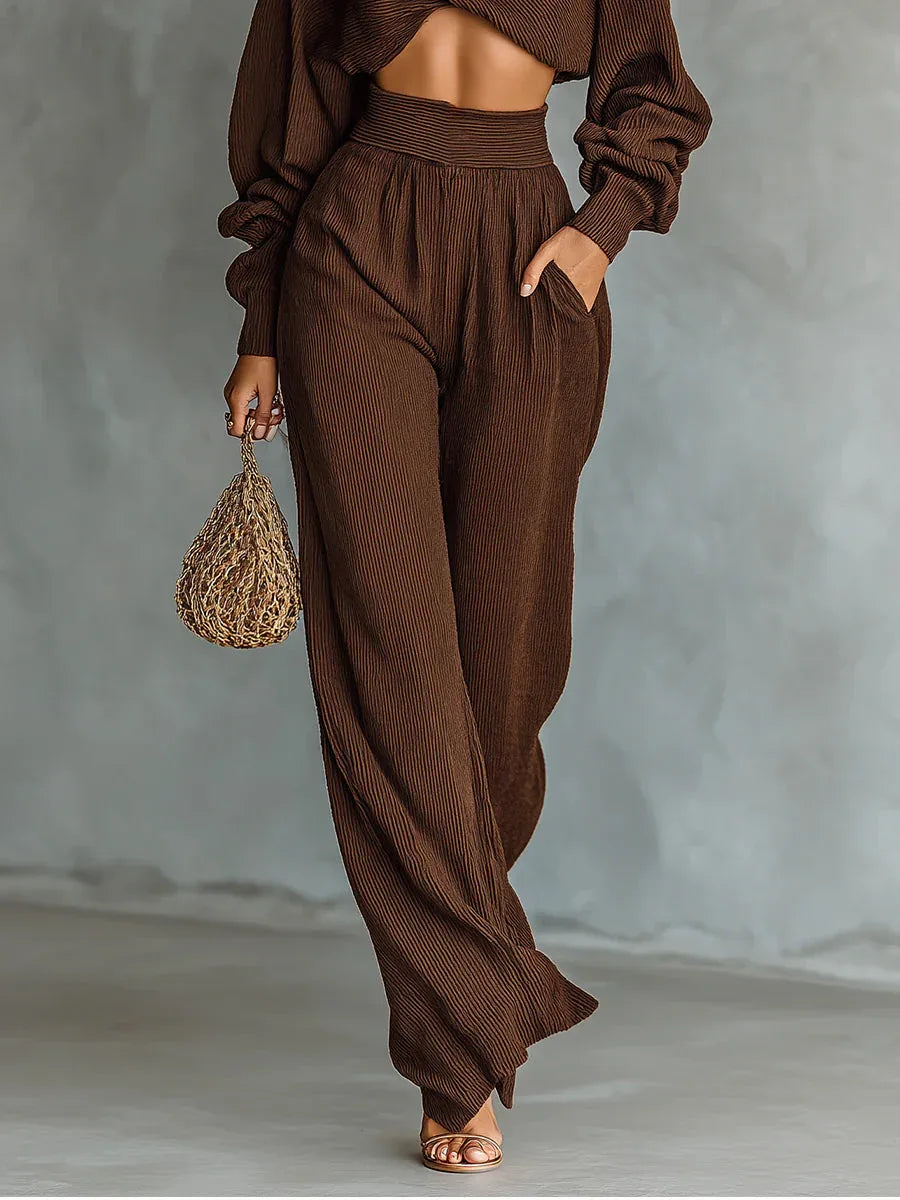 Coffee-colored Short Top And Wide-leg Pants Knitted Set - NuaVibe