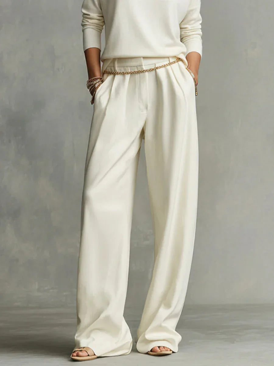 Soft turtleneck top and flowing wide-leg pants set (including waist chain) - NuaVibe