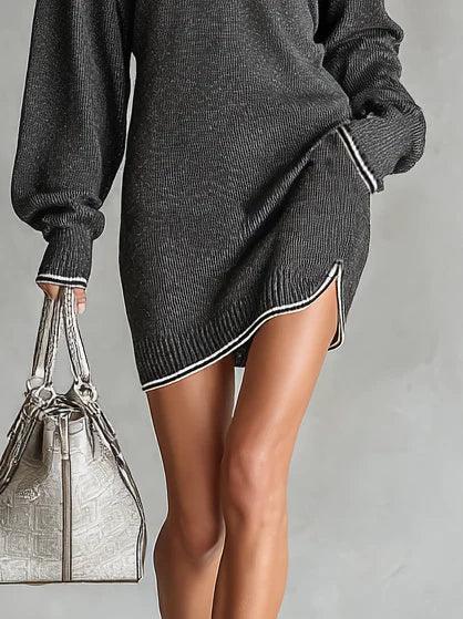Fashion Loose Knit White Trim Zipper Polo Neck Mini Dress - NuaVibe