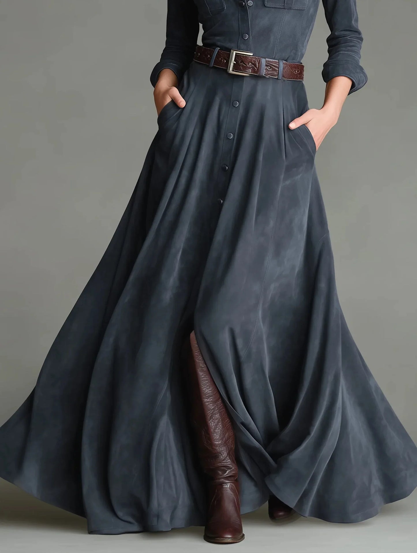 Faux suede shirt collar single-breasted belted floor-length dress(Includes belt) - NuaVibe