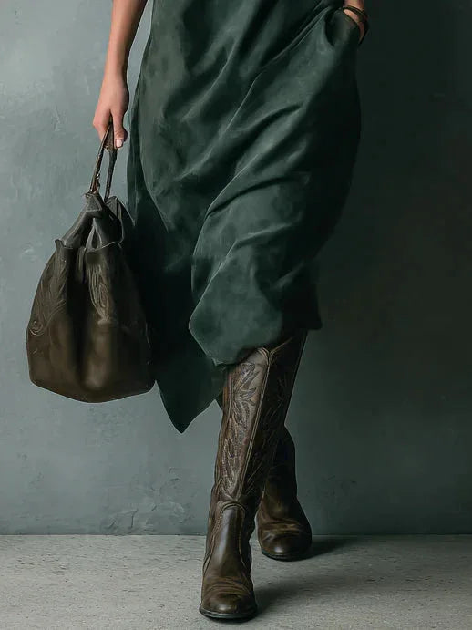Green Loose Suede Lapel Long Sleeve Midi Dress - NuaVibe