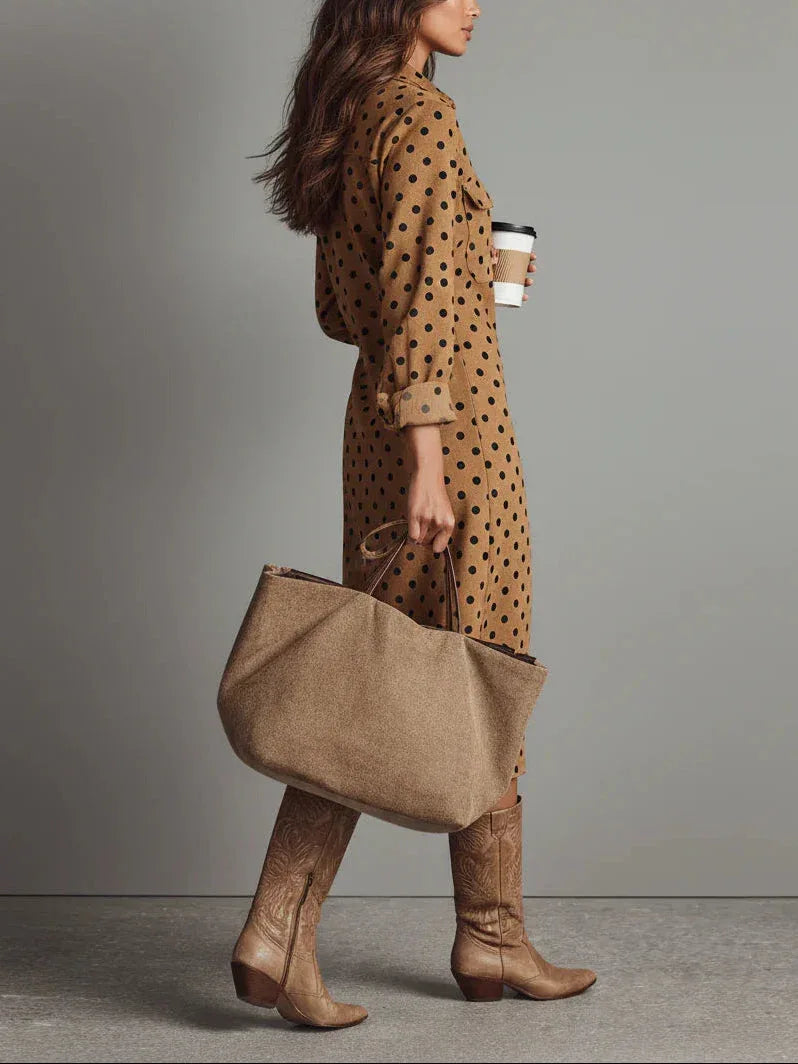 Polka Dot Faux Suede Shirt Midi Dress - NuaVibe