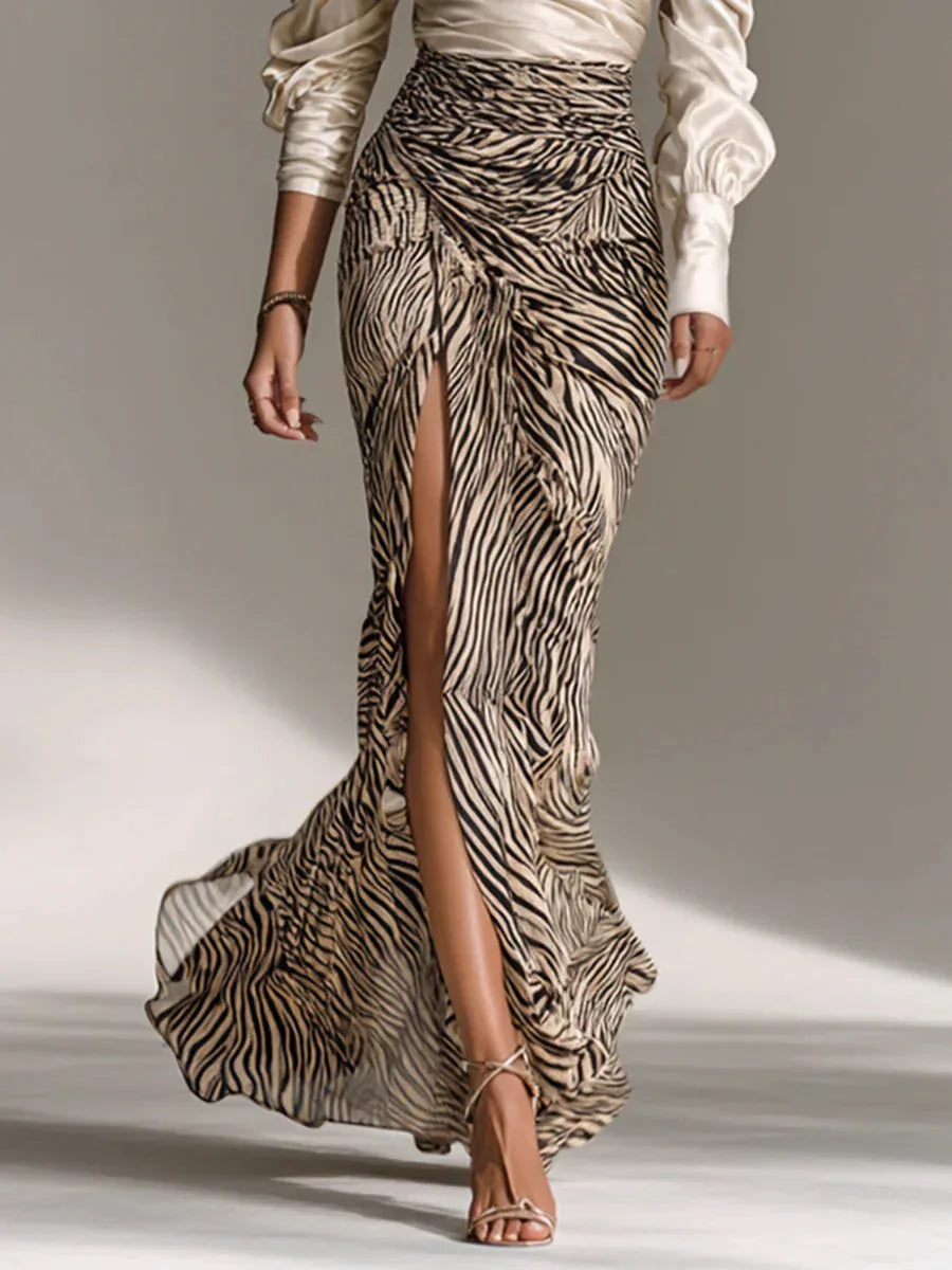 Satin off-the-shoulder top with zebra-print slit skirt two-piece set - NuaVibe