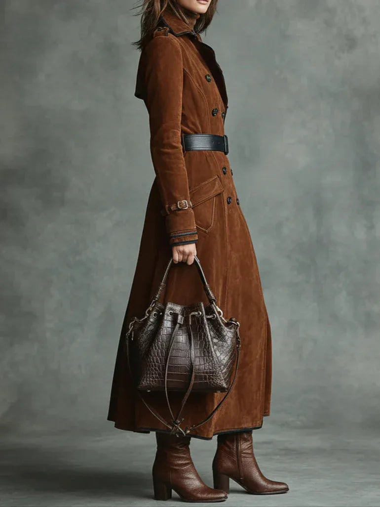 Double-breasted lapel long coat with suede and black trim - NuaVibe