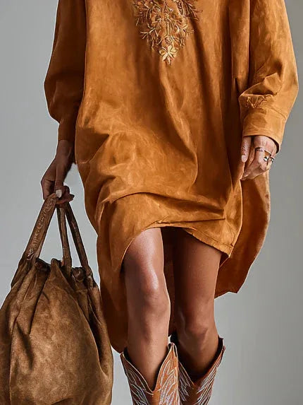 Loose lapel V-neck printed long-sleeved midi dress - NuaVibe