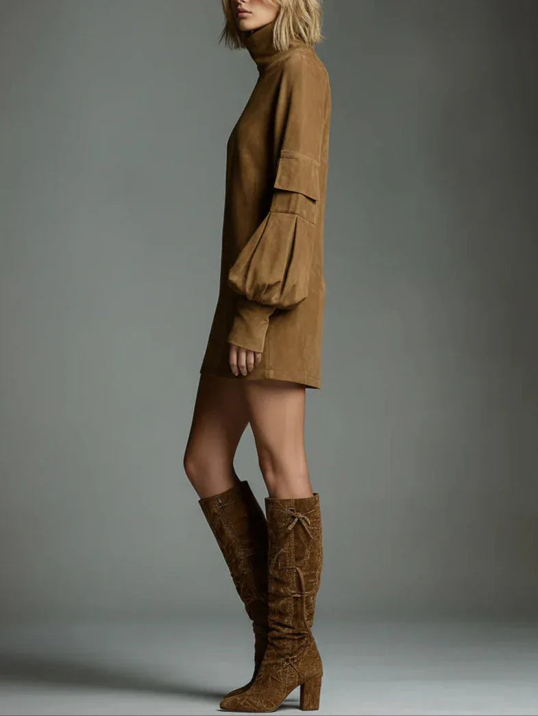 Vintage Loose Suede Turtleneck Mini Dress - NuaVibe