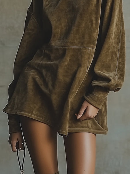 Western Retro Suede Loose Casual Stand Collar Dress