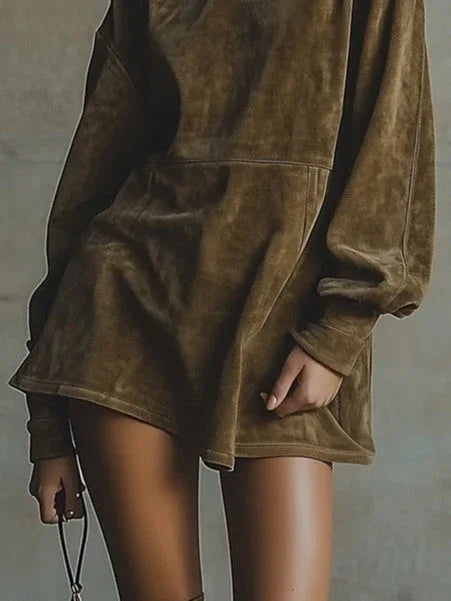 Western Retro Suede Loose Casual Stand Collar Dress - NuaVibe